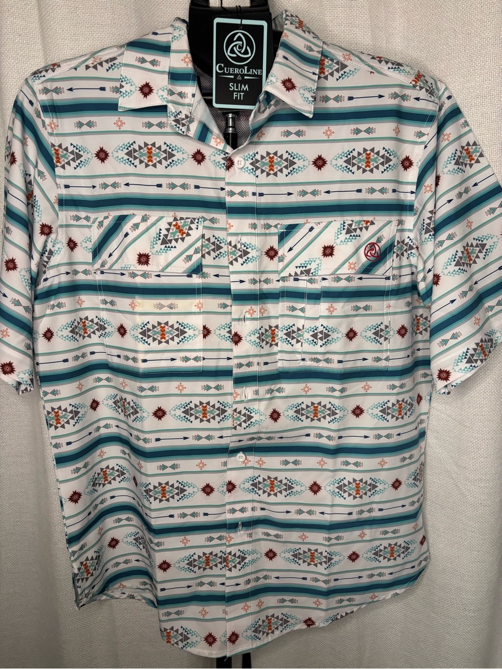 CueroLine Slim Fit Short Sleeve Aztec Stripe Shirt - White/Teal